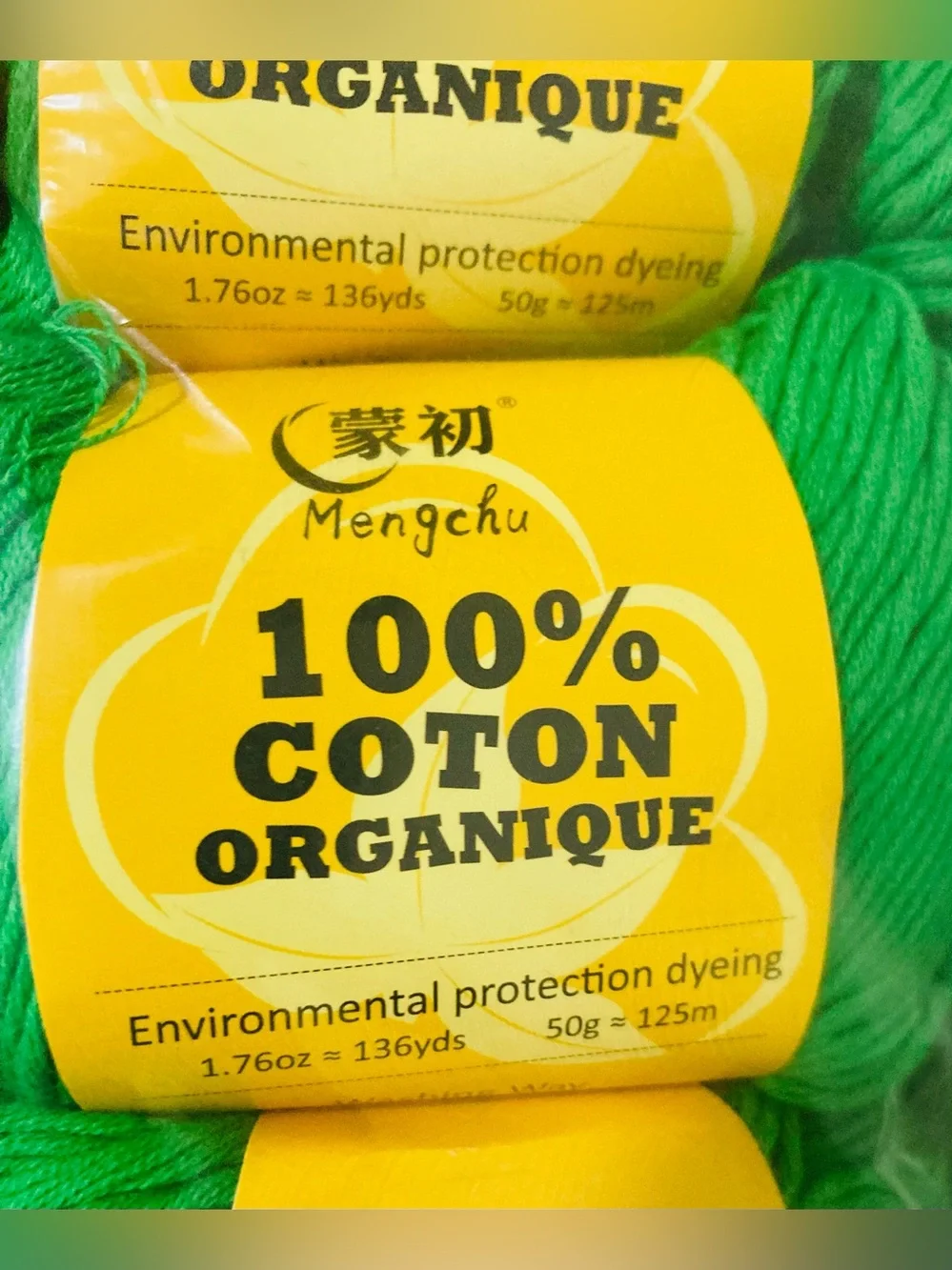 NWT 6 Mengchu 100% Organic Cotton Yarn Color Primary Green ~48g ea 10oz total
